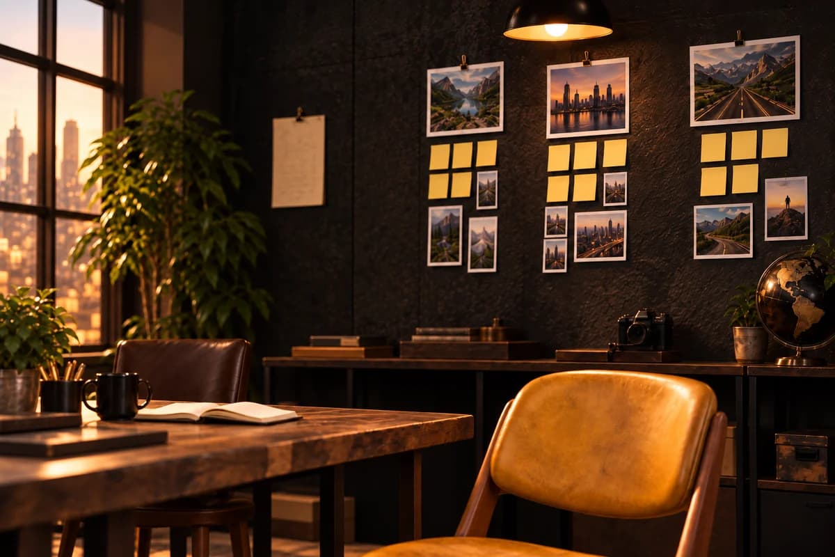 Scène illustrée : mur de décisions, notes de travail et chaise dans une salle sans personnage.