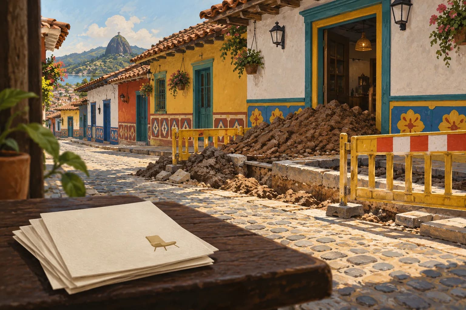 Illustration inspirée des façades de Guatapé, avec des flyers et une entrée masquée par des travaux ; scène évocatrice, et non reconstitution exacte de mon établissement.