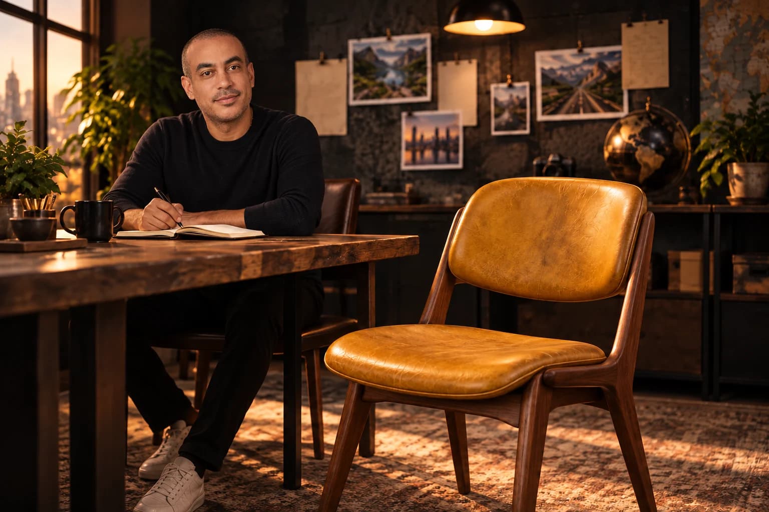 Scène illustrée : Oswald à la table de travail et une chaise jaune vide, réservée au visiteur.